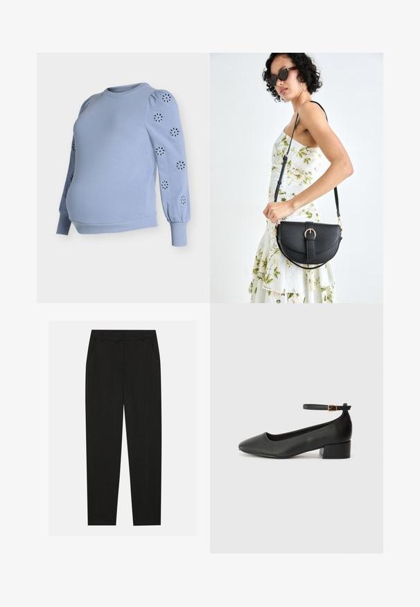 Sweat-shirt de maternité bleu clair avec manches bouffantes, présentant des motifs floraux découpés sur les manches, fabriqué en mélange de coton doux, ourlet côtelé.; Pantalon noir au design ajusté, doté de poches latérales et d'une jambe droite. Fabriqué en tissu lisse et léger avec une finition élégante.; Escarpin en cuir noir avec un bout pointu et un petit talon bloc. Doté d'une bride de cheville avec une boucle dorée. Texture lisse.; Sac à main en cuir noir avec une forme courbée, bandoulière amovible et des accessoires en or. Le sac est doté d'un rabat avec un détail de boucle.