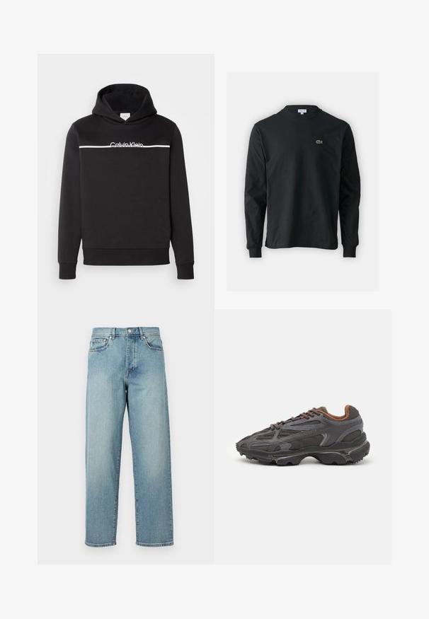 Μαύρο φούτερ από βαμβάκι με λευκό λογότυπο μπροστά και οριζόντια λευκή ρίγα. Περιλαμβάνει κουκούλα με κορδόνι και εφαρμοστά μανίκια.; Μαύρο μπλουζάκι με μακριά μανίκια από βαμβάκι, με στρογγυλή λαιμόκοψη και μικρό πράσινο κεντητό λογότυπο κροκοδείλου στην αριστερή πλευρά του στήθους.; Ανοιχτό γαλάζιο τζιν παντελόνι με χαλαρή εφαρμογή, ίσια πόδια, σχέδιο με πέντε τσέπες και κούμπωμα με κουμπί στη μέση. Ελάχιστη λεπτομέρεια ραφής.; Αθλητικά παπούτσια Lacoste σε σκούρο γκρι χρώμα, κατασκευασμένα από διχτυωτό και συνθετικό υλικό, με ελαστική σόλα και καφέ λεπτομέρειες στον γιακά και στο branding.