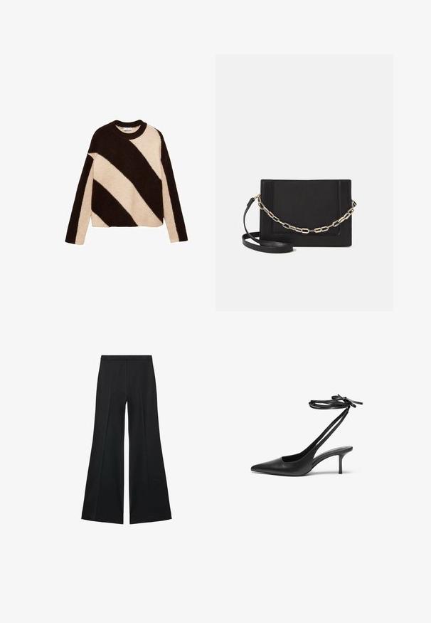 Gebreide trui met opvallende diagonale strepen in donkerbruin en roomkleur, met een ronde hals en lange mouwen. Zachte textuur.; Zwarte wijde-pijpen broek met een gladde textuur, gekenmerkt door voorplooien en een op maat gemaakte uitstraling. De stof is lichtgewicht en vloeiend.; Zwarte leren stiletto-schoen met een spitse neus, open achterkant en enkelschoentjes die in een strik zijn geknoopt. Slanke 3-inch hak. Glad textuur, minimalistisch ontwerp.; Zwarte leren schoudertas met een gladde textuur, rechthoekige vorm en een metallic kettingdetail aan de voorkant. Verstelbare schouderband inbegrepen.; Mango Armband - gold-coloured