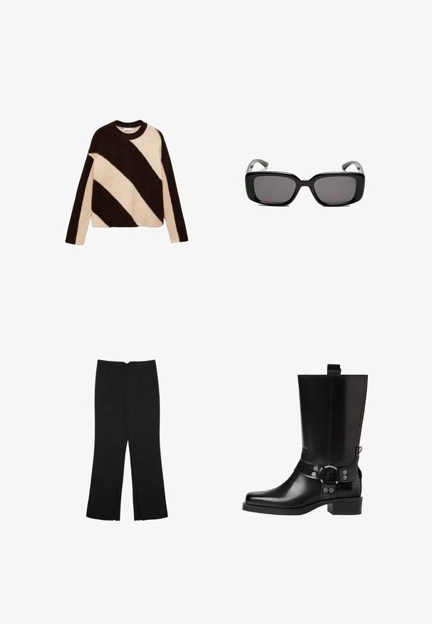 Strickpullover mit kräftigen diagonalen Streifen in Dunkelbraun und Creme, mit Rundhalsausschnitt und langen Ärmeln. Sanfte Textur.; Schwarze Hose mit geradem Schnitt, ausgestattet mit Fronttaschen und Seitenschlitzen am Saum. Hergestellt aus weichem, glattem Stoff. Geeignet für verschiedene Anlässe.; Schwarze Lederstiefel bis zum Knie mit spitzer Zehenform, silbernen Schnallenakzenten und einem klobigen Absatz. Verfügt über eine Zuglasche für einfaches Anziehen.; Schwarze rechteckige Sonnenbrille mit dunklen Gläsern, glattem Kunststoffrahmen und gebogenen Bügeln. Das Design ist klobig mit einer minimalistischen Ästhetik.