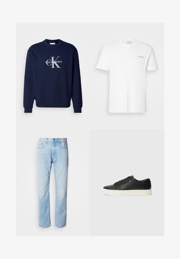 Jūras spēku zils kokvilnas džemperis ar apaļu kaklu, garām piedurknēm un ribotiem aprocēm; rotāts ar lielu sudraba logotipu ar "Calvin Klein" un "CK."; Balts kokvilnas T-krekls ar īsām piedurknēm un apaļu kakla izgriezumu. Ar mazu melnu "Calvin Klein" logotipu kreisajā krūtīs.; Gaiši zili denima džinsi ar taisnu kāju griezumu, ar izbalējušām sekcijām, piecu kabatu dizainu un klasisko pogu aizdari.; Melnas ādas sporta kurpes ar perforētu tekstūru, apaļu purngalu un plakanu baltu gumijas zoli. Ar melniem šņorējumiem un smalku logo sānos.