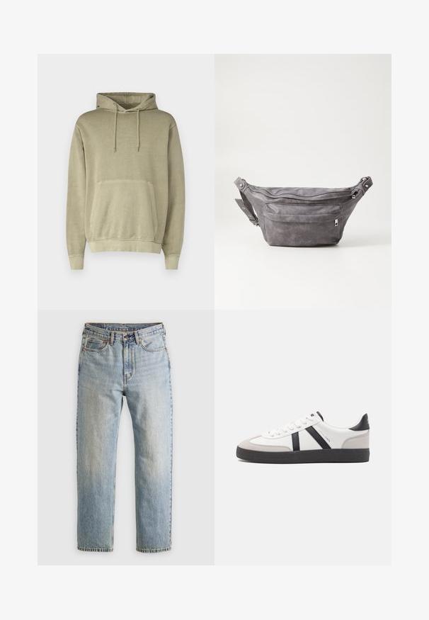 Kaki kapuce ar šnēri, kangarū maisiņu un ribotām aprocēm. Izgatavota no mīkstas auduma ar gludu tekstūru.; Gai zila denima bikses ar augstu jostasvietu, priekšējo pogu, rāvējslēdzēju un piecu kabatu dizainu, izlīdzinātas uz neitrāla fona.; Baltas sneakeris ar melniem un pelēkiem akcentiem, kuram ir teksturēts pelēks purngals, melna gumijas zole un plakanas baltas šņores. Tīrs dizains, minimālisma stils.; Pelēks zamšādas jostas somiņa ar noapaļotu formu, divām kabatām ar rāvējslēdzējiem un regulējamu siksnu. Iekļauj metāla aksesuārus.