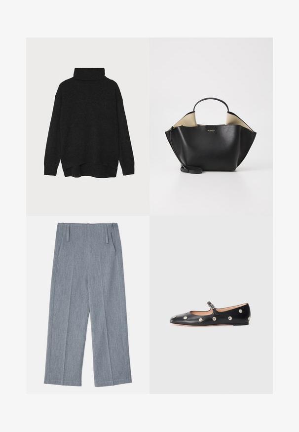 Filippa K RELAXED TURTLE NECK - Svetr - anthracite; Svetle šedé, široké kalhoty vyrobené z texturované tkaniny, s dvěma předními sklady a dvěma bočními kapsami. Čistý, upravený design.; Černé kožené baleríny typu Mary Jane s kulatou špičkou, zdobené stříbrnými kulatými nýty a nastavovacími popruhy se sponou.; Ree Projects ANN TOTE MINI - Kabelka - black