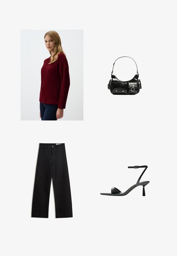 Burgunderfarbener gestrickter Pullover mit strukturiertem Muster, Rundhalsausschnitt und überschnittenen Schultern, kombiniert mit dunkelblauen Hosen.; Schwarze weit geschnittene Jeans mit hoher Taille, ausgestattet mit Vorder- und Hintertaschen, gesteppten Nähten und einem Knopfverschluss. Glatte Textur.; Bershka High Heel Sandalette - black; Schwarze Lackleder-Handtasche mit geschwungenem Design, einem Schulterriemen, Vordertaschen und silberfarbenen Hardware-Akzenten.