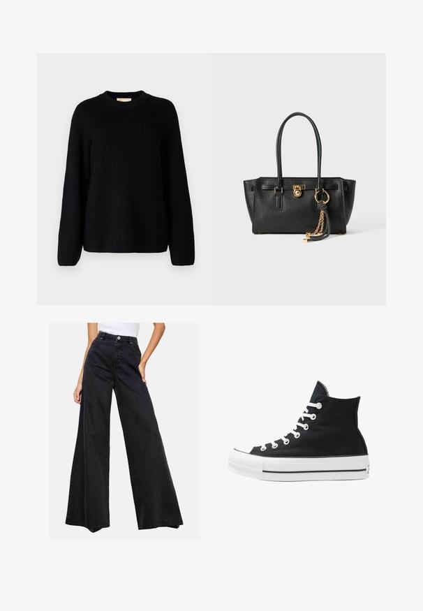 Zwarte geribde gebreide trui met lange mouwen en een ronde halslijn. Textuurstof en een relaxte pasvorm. Geen patronen of accenten.; Overhemd met knoopsluiting van lichtgewicht stof met verticale blauw-witte strepen, een klassieke kraag en lange mouwen met knoopmanchetten.; Zwarte wijde spijkerbroeken van denim. Hoge taille met een knoopsluiting, met een strakke uitstraling en zonder opvallende patronen of accenten.; Hoge zwarte canvas sneaker met witte oogjes, veters en rubberen zool. Beschikt over een gestructureerde neuskap en zwart-witte streepaccenten.; Zwarte leren handtas met dubbele handgrepen, gouden slot en kettingdetail, en zwart-witte franjer accent tegen een witte achtergrond.