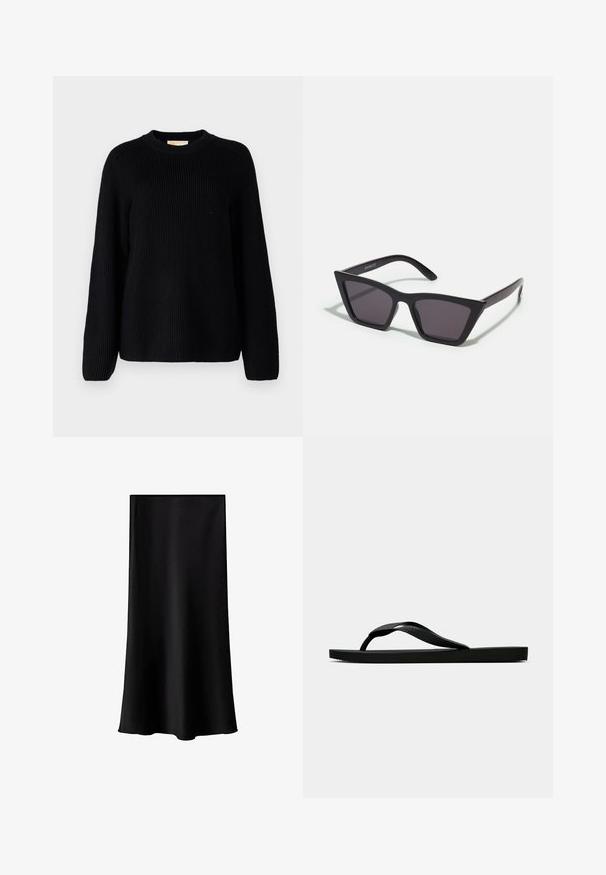 Schwarzer gerippter Strickpullover mit langen Ärmeln und rundem Halsausschnitt. Strukturierter Stoff und lässige Passform. Keine Muster oder Akzente.; Schwarze Midischürze aus glattem, leichtem Stoff. Sie hat einen geraden Schnitt, keine sichtbaren Beschläge und ein schlichtes Design ohne Muster.; Schwarze Gummi-Flip-Flop-Sandale mit einem strukturierten Riemen und einfacher flacher Sohle, von der Seite auf einem schlichten hellen Hintergrund dargestellt.; Schwarze, eckige Sonnenbrille mit grauen Gläsern; aus Kunststoff gefertigt, mit dicken Bügeln, die eine glatte Oberfläche und keine sichtbaren Beschläge haben.