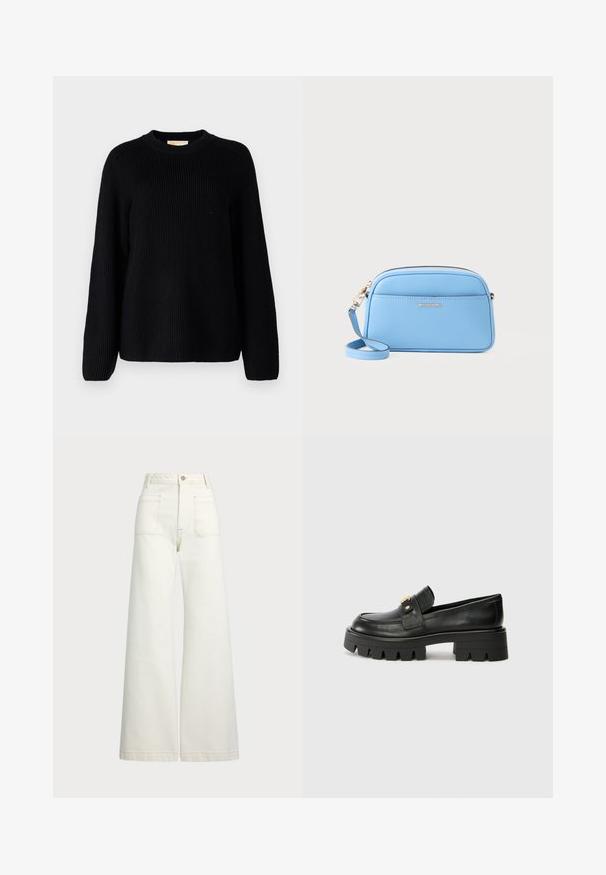 Maglione nero a coste con maniche lunghe e scollatura rotonda. Tessuto testurizzato e design a vestibilità rilassata. Nessun motivo o accento.; Jeans a gamba larga in denim bianco sporco. Design a vita alta con chiusura a bottone, due tasche frontali e dettagli di cucitura a contrasto.; Mocassini in pelle nera con suola spessa, caratterizzati da un accento dorato nella parte anteriore e una finitura liscia. Design della suola con profilo spesso.; Borsa a tracolla in pelle azzurro chiaro con dettagli in metallo oro, chiusura con zip e tasca frontale. Presenta un tracolla regolabile per maggiore comodità.