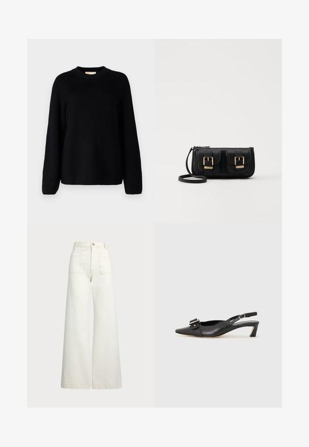 Pulover negru din tricot cu model ribat, cu mâneci lungi și decolteu rotund. Material texturat și croială lejeră. Fără modele sau accente.; Jeans cu picioare late din denim alb-crem. Design cu talie înaltă, cu închidere prin nasture, două buzunare frontale și detalii cu cusături contrastante.; Pantofii negri din piele cu toc mic, vârf ascuțit și detaliu decorativ cu cataramă pe partea superioară. Textură netedă, design minimal.; Geantă neagră din piele, tip crossbody, cu două buzunare frontale, catarame aurii, închidere cu fermoar și o curea subțire. Suprafață texturată și formă rectangulară compactă.