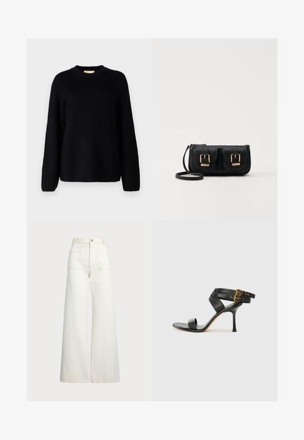 Zwarte geribde gebreide trui met lange mouwen en een ronde halslijn. Textuurstof en een relaxte pasvorm. Geen patronen of accenten.; Wijd-zit jeans van off-white denim. Hooggaande taille met een knoopsluiting, twee voorzakken en contrasterende stikdetails.; Zwarte hoge hak sandaal met gekruiste bandjes en verstelbare gespsluiting. Heeft een gladde textuur en een taps toelopende stilettohak.; Zwarte leren schoudertas met twee vo pockets, gouden gespen, ritsluiting en een smalle band. Tekstuur oppervlak en compacte rechthoekige vorm.