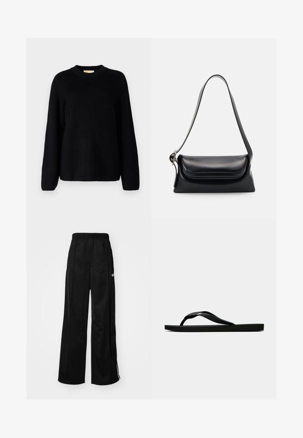 Črn reberčast pleten pulover z dolgimi rokavi in okroglim izrezom. Teksturan material in sproščen kroj. Brez vzorcev ali dodatkov.; Črne široke trenirke z elastičnim pasom, ki imajo bele stranske črte in majhen logotip na levem boku. Gladka tekstura tkanine.; Črne gumijaste japonke s teksturirano thong naramnico in preprostim ravnim podplatom, prikazane s strani na enobarvni svetli podlagi.; Črna usnjena torbica z oblikovano strukturo, gladko teksturo in eno naramnico. Opremljena je z diskretnim, zaobljenim pokrovom.