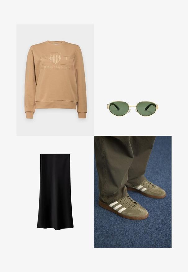 GANT TONAL SHIELD C NECK - Felpa - caramel beige; Gonna midi nera realizzata in tessuto liscio e leggero. Presenta una linea dritta, senza componenti visibili e un design semplice senza fantasie.; Sneaker in suede verde con tre strisce bianche, suola in gomma marrone e lacci texturizzati, abbinati a pantaloni verde oliva su un tappeto blu.; Occhiali da sole con montatura dorata e lenti verdi, forma ovale, stanghette nere e naselli trasparenti. Design pulito e minimalista.