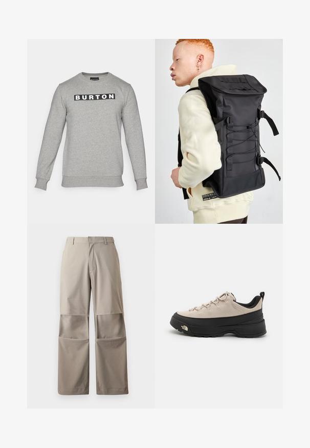 Burton VAULT CREW - Sportska majica - gray heather; Bež hlače širokih nogavica od glatkog materijala, s velikim zakrpanim džepovima i ležernim dizajnom s ravnim prednjim dijelom i petljama za pojas.; Bež nubuk planinarske cipele s crnim gumenim potplatom, teksturiranim detaljima i reflektirajućim vezicama. Ima ručku za lakše obuvanje.; Crni ruksak sa elegantnim dizajnom, s teksturiranom površinom, podesivim trakama i elastičnim prednjim užadima za dodatnu pohranu.