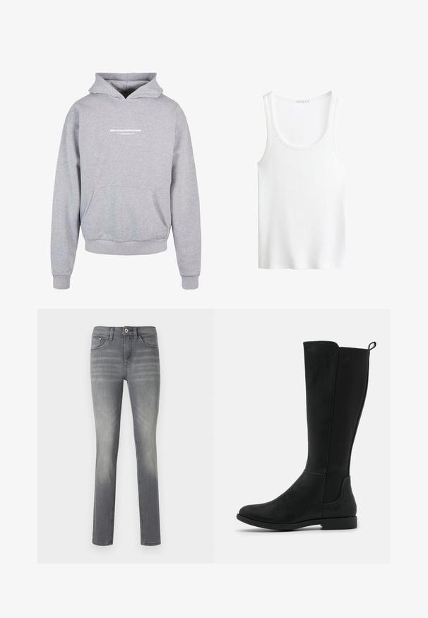 Grauer Kapuzenpullover mit einer Fronttasche, ausgestattet mit dem weißen Drucktext "METAMORPHOSE" auf der Brust. Aus Baumwollmischung, mit gerippten Bündchen.; Weißes, geripptes Tanktop mit Rundhalsausschnitt und breiten Trägern. Weiche Stofftextur und genähte Säume. Einfaches, enganliegendes Design.; Graue Denim-Jeans im Slim-Fit, mit einem ausgewaschenen Look, fünf Taschen, einem Knopfverschluss und dezenten Nähdetails.; Knielange schwarze Stiefel aus Kunstleder mit glatter Oberfläche, elastischen seitlichen Einsätzen und einer niedrigen, flachen Sohle für Komfort.