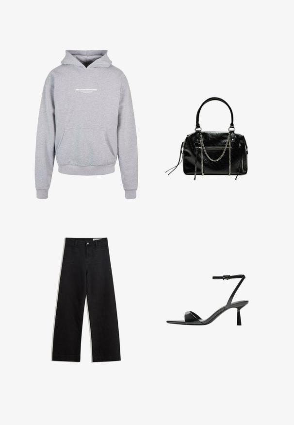 Gray hooded sweatshirt with a front pocket, featuring a white printed text "METAMORPHOSIS" on the chest. Cotton-blend material, ribbed cuffs.; Black wide-leg denim pants with a high waist, featuring front and back pockets, stitched seams, and a button closure. Smooth texture.; Bershka High heeled sandals - black; Bershka WITH CHAIN - Handbag - black