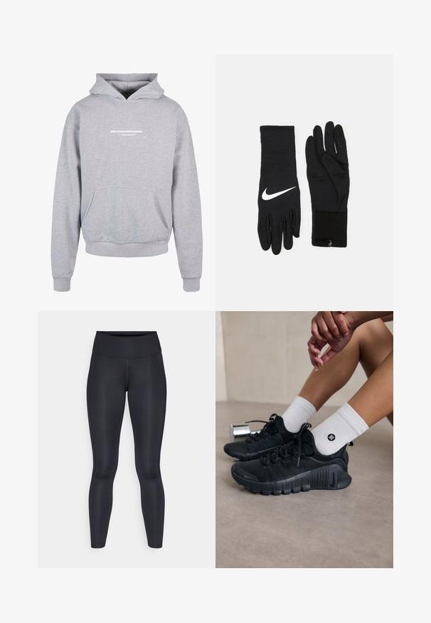 Grå hettegenser med lommer foran, med hvit trykt tekst "METAMORPHOSIS" på brystet. Blanding av bomull, ribbede mansjetter.; Sorte leggings laget av glatt, elastisk materiale. Høy midje uten synlige mønstre eller detaljer. Sitter tett fra midjen til anklene.; Svarte idrettssko med teksturert stoff, snøring og en fremtredende såle, sammen med hvite ribbestrikkede sokker med en liten logo.; Sorte treninghansker med en hvit Nike-logo, med teksturert grep på fingrene og smidig, stretchy stoff for komfort.