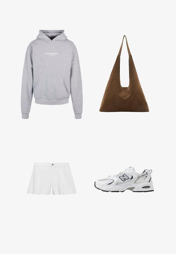 Sivi dukserica s kapuljačom i prednjim džepom, s bijelim ispisanim tekstom "METAMORFOZA" na prsima. Materijal od mješavine pamuka, rebrasti manžeti.; Bijele pamučne kratke hlače s opuštenim krojem, s prednjim džepovima, kopčanjem na gumb i ravnim šavovima za glatki završetak.; Bijela atletska cipela s mrežastim gornjim dijelom, mornarskim akcentima i podstavljenim potplatom. Sadrži "N" logo, vezice i teksturirani detalj sa strane.; Smeđa lielu torba od suedea s trokutastim dizajnom, dugim naramenicama i velikim otvorenim vrhom s izrezanom drškom.