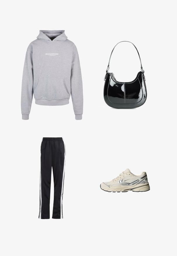 Felpa grigia con cappuccio e tasca frontale, con la scritta bianca stampata "METAMORPHOSIS" sul petto. Materiale misto cotone, polsini a coste.; Pantaloni sportivi neri con strisce laterali bianche, cinturino elastico e patch con logo. Realizzati in tessuto morbido e leggero. Design a gamba dritta.; Scarpa sportiva color crema con tomaia in mesh, dettagli argentati e suola in gomma strutturata. Progettata per comfort e stabilità.; Borsa a mano in pelle verniciata nera, con design curvo, chiusura con zip e un solo manico a spalla caratterizzato da hardware e cuciture in tono argento.