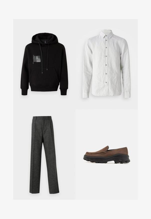 Black hooded sweatshirt made of soft cotton blend, featuring a front pocket, drawstrings, and reflective graphic design on the left chest.; White linen long-sleeve shirt with a pointed collar, seven buttons down the front, and slightly textured fabric.; Gray tailored trousers made of textured fabric, featuring two front pleats and a straight-leg design. No visible pockets or embellishments.; Brown suede slip-on shoe with a thick black rubber sole featuring bold traction patterns and a smooth, rounded toe design.
