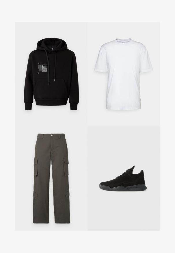 Musta hupullinen collegepaita, joka on valmistettu pehmeästä puuvillasekoitteesta. Sisältää etutaskun, kiristysnarut ja heijastavan graafisen kuvion vasemmassa rinnassa.; Valkoinen puuvillainen t-paita, jossa on pyöreä kaula-aukko, lyhyet hihat ja suora helma. Vasemmassa sauman kohdassa on pieni bränditunnus.; Tummanharmaat suorat cargo-housut, joissa napitus ja neljä läpällistä taskua, kaksi reiden kohdalla ja kaksi lähellä sääriä.; Musta mokkasneakeri matalalla profiililla, teksturoitulla päälliosalla, litteillä nauhoilla ja kiinteällä kumipohjalla, jossa on kevyt korkeus ja kaareva muoto.