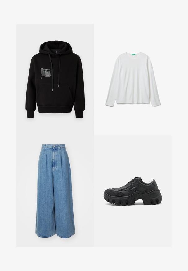 Felpa nera con cappuccio realizzata in morbido misto cotone, con tasca frontale, coulisse e design grafico riflettente sul lato sinistro del petto.; Maglietta a maniche lunghe bianca con scollo rotondo e etichetta verde sul collo, adagiata su uno sfondo bianco.; Culotte in denim blu chiaro con vita alta, gambe ampie, pieghe frontali e chiusura con un bottone. Tessuto morbido con una finitura pulita.; Sneaker nera con tomaia in pelle e materiale sintetico testurizzato. Presenta una suola spessa con scanalature profonde e un'etichetta con il brand sul lato.