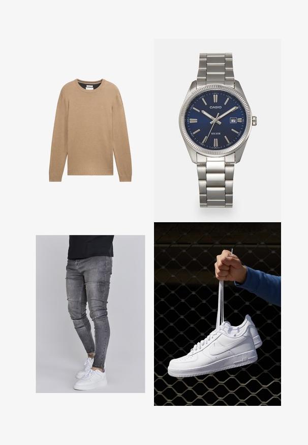 Béžový pletený sveter s okrúhlym výstrihom, dlhými rukávmi a rebrovanými manžetami a lemom. Obsahuje malé logo na hrudi.; Chudé džínsy v bledom šedom denime s obnosnými detailmi na kolenách, skombinované s bielymi teniskami. Hladká textúra, úzky strih.; Biele kožené tenisky s perforáciami, okrúhlou špičkou, plochou podrážkou a hrubými šnúrkami, pričom majú viditeľné logo swoosh a nápis "AIR" na päte.; Strieborné nerezové hodinky s modrým ciferníkom, kovovými hodinovými značkami a dátumovým oknom na 3. hodine. Vodotesné do hĺbky 50 metrov.
