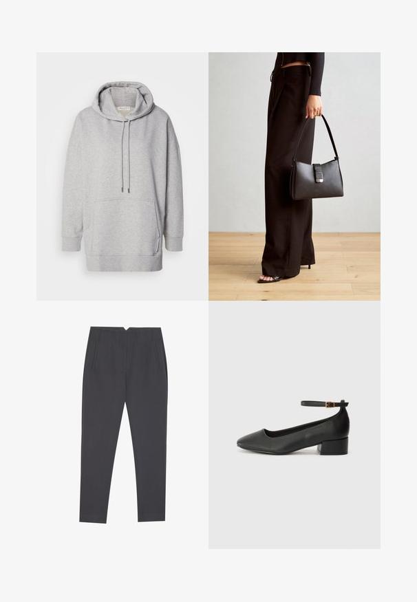 Sweatshirt cinza com capuz feito de tecido macio, apresentando um bolso frontal, fecho por cordão e punhos canelados, com um corte descontraído.; Calças cinza-escuras ajustadas com bolsos laterais e pregas frontais, desenhadas para um ajuste sob medida.; Sandal de pele preta com bico pontiagudo e um salto bloco baixo. Apresenta uma tira no tornozelo com uma fivela em tom dourado. Textura suave.; Bolsa preta com forma estruturada, textura suave e um fecho metálico. Combinada com calças largas pretas e sandálias de salto aberto sobre um chão de madeira.