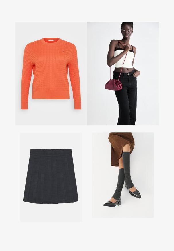 Tumeoranž kudumipusa, millel on tekstureeritud vafli muster, ümmargune kaelus ja pikad varrukad. Rinnal on väike logodetail.; Tumeda hall pleediga seelik elastse vöökohaga, milles on tekstuuriga kangas ja klassikaline A-line siluett. Sobib igapäevaseks kandmiseks.; Mustad patsaline odav värviga kingad, millel on kreen ja pahkluuring, on paaritatud hallide ribakudumitega sääremiidega ja pruunist nahast seelikuga.; Burgundia pehmeast kangast käekott, millel on kokkuvõetud disain ja pikk rihm, kantud üle keha. Mudel kannab valget crop-topi ja musti teksaseid.