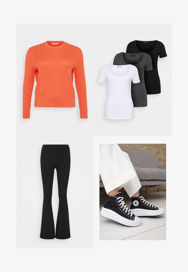 Narancssárga, kötött pulóver texturált, gofri mintával, kerek nyakkal és hosszú ujjal. Kicsi logó részlet a mellkason.; Három szűkített T-póló fehér, szürke és fekete színben. Mindegyik széles, kerek nyakkal és rövid ujjakkal rendelkezik. Simább, elasztikus anyagból készült.; Fekete harangszárú nadrág, rugalmas anyagból készült, magas derékkal és sima felülettel. A nadrág a térdtől kezdve bővül.; Fekete vászon magas szárú tornacipők fehér gumitalppal és fűzővel. Az oldalon egy kör alakú logó található, és kontrasztos fehér varrásokkal rendelkezik.