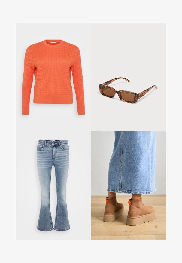 Oranje gebreide trui met een gestructureerd, wafelpatroon, ronde halslijn en lange mouwen. Klein logo detail op de borst.; Even&Odd Petite 3 PACK - Longsleeve - black/white/light green; Lichtblauwe uitlopende jeans van denim, met een klassiek vijf-pocketdesign, een ritssluiting aan de voorkant en subtiele vervaging langs de bovenbenen.; Bruine suède platformlaarzen met elastische zijkanten en oranje trekbandjes, gecombineerd met een lichtdenim rok tot de knie op een houten vloer.; Tortoiseshell zonnebril met rechthoekige bruine lenzen, een dik montuur en slanke armen met een patroon van variërende bruintinten.; Oorknopjes in goud en zilver met twee hoepels: het ene ontwerp is glad met een halve maanshape, en het andere heeft gelaagde ronde ringen.