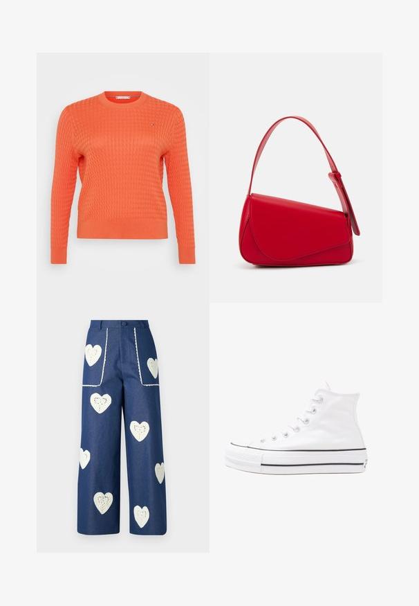 Oranžinė megzta džemperis su tekstūrine vaflių raštu, apvaliu iškarpymu ir ilgomis rankovėmis. Mažas logotipo elementas krūtinėje.; Sister Jane HEART TO HEART - Tiesaus kirpimo džinsai - blue denim; Balti aukštakulniai drobės sportbačiai su juodu guminio pado, priekinio guminio piršto dangteliu ir šešiais akytėmis raištams, pasižymintys švariu, minimalistiniu dizainu.; Raudona odinė rankinė su kampuota, geometrine forma. Pasižymi viena reguliuojama dirželiu ir dangteliu su siuvinėtais dekoracijomis.