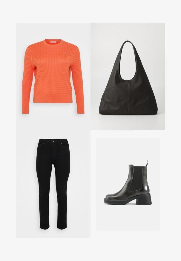 Orange knitted sweater with a textured, waffle pattern, round neckline, and long sleeves. Small logo detail on the chest.; Black denim jeans with a slim fit, five-pocket design, front button closure, and slight stretch for comfort. Flat, smooth texture with minimal detailing.; Black leather ankle boots with a smooth finish, elastic side panels, and a chunky heel. Features a pull tab for easier wear.; Black leather tote bag with a curved handle, elongated triangular shape, and smooth texture. Features minimalist design with no visible hardware.