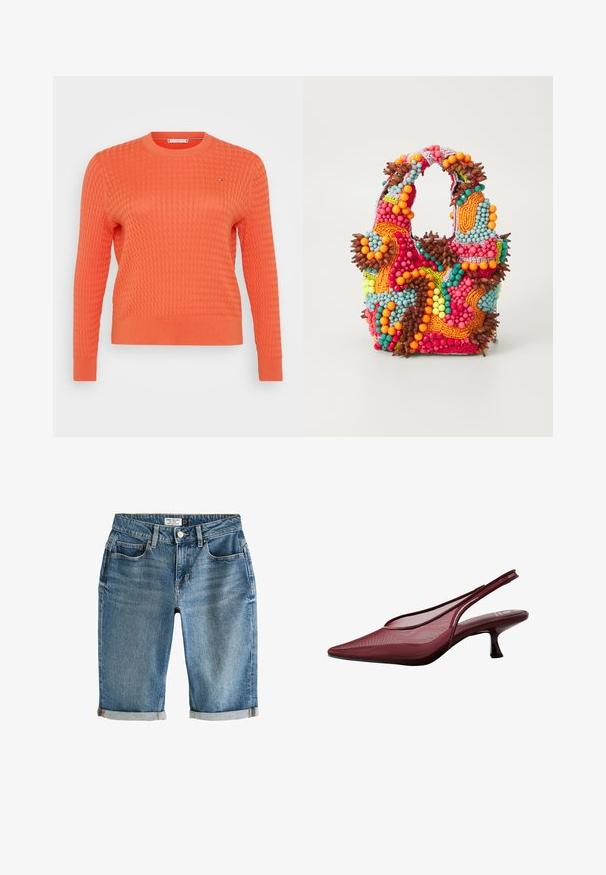 Oranža adīta džemperis ar teksturētu vafeļu rakstu, apaļu kaklu un garām piedurknēm. Mazs logo elements uz krūšu daļas.; Zili denima ceļu garuma šorti ar krokotu apakšmalu, piecām kabatām un metāla pogas aizdari. Audumam ir nedaudz izbalējusi izskats.; Burgundijas slingback zābaki ar norādītu purngali un sietu augšdaļā. Iekļauj šauru papēdi un izgriezumu dizainu, nodrošinot elegantu siluetu.; Pērlīšu somiņa ar spilgtām krāsām: rozā, oranža, zila un brūna. Teksturēta virsma ar apaļām pērlītēm un organiskām formām, izturīgas rokturi.
