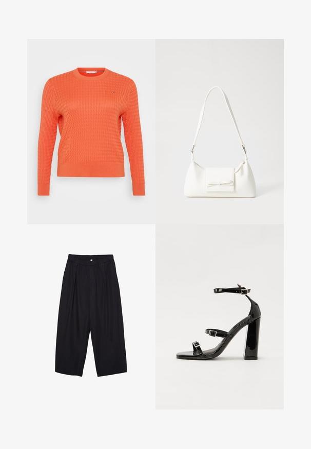 Orange stickad tröja med en texturerad, våffelmönster, rund halsringning och långa ärmar. Litet logotypdetalj på bröstet.; Svarta polyester culottbyxor med elastisk midja, två framfickor och en lös silhuett. Inga synliga mönster eller hårdvarudetaljer.; Svarta lackerade klacksandaler med fyrkantig tå, ankelremmar och silverfärgade spännen. Har en kraftig blockklack för stabilitet.; Vit syntetisk handväska med triangulär form, platt framklaff och rosettdetalj, justerbar rem, slät textur och minimalistisk design.