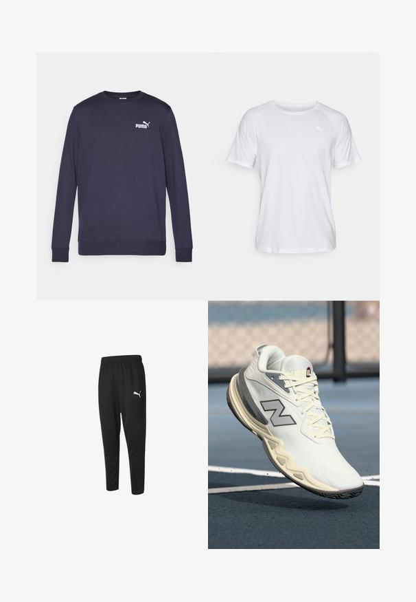 Navy long-sleeve sweatshirt made of cotton. Features a crew neckline, ribbed cuffs, and a white PUMA logo on the chest. Smooth texture.; White short-sleeve athletic shirt with a smooth texture. Features a round neckline and a small logo in a light shade on the left chest.; Black athletic pants made of smooth fabric, featuring a drawstring waist, tapered legs, and a small white Puma logo on the left side.; White athletic shoe with textured surface, grey accents, and distinctive curved sole. Features woven laces and a branded logo on the side.