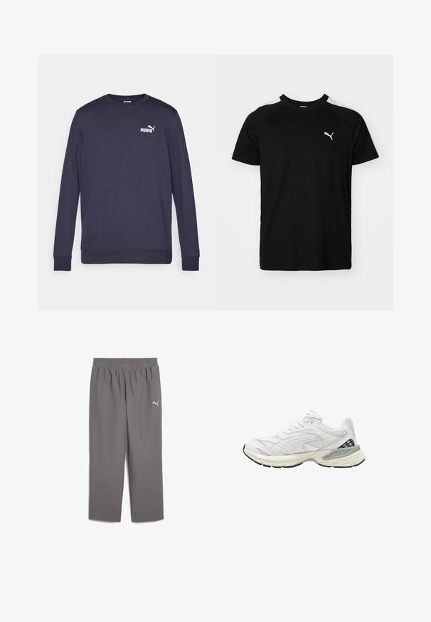 Marineblauw sweatshirt met lange mouwen, gemaakt van katoen. Voorzien van een ronde halslijn, geribbelde manchetten en een wit PUMA-logo op de borst. Glad oppervlak.; Zwarte t-shirt met korte mouwen, voorzien van witte accenten op de schouders, een ronde halslijn en een klein wit logo op de linkerborst. Zacht materiaal, klassieke pasvorm.; Grijze sportbroek met een elastische tailleband, gemaakt van lichtgewicht stof. Kenmerkt zich door een klein wit logo op het linkerpant.; Witte sportschoen met bovenwerk van mesh-stof, textuurdetails, een gevoerde zool en zwarte accenten op de hak. Rond neuzenontwerp.