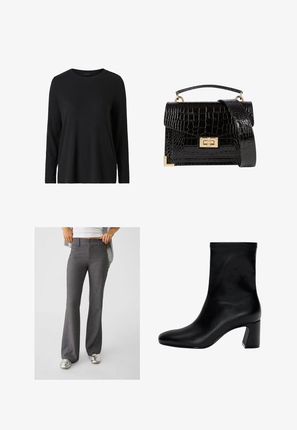 Sort langærmet skjorte lavet af ribbet stof. Har en rund halsudskæring og en afslappet pasform. Simpelt design uden yderligere mønstre eller accenter.; Grå bæltet bukser lavet af tekstureret stof, med to-knaps lukning og bæltestropper, parret med skinnende sølv sneakers.; Sort ankelstøvle lavet af glat læder. Har en firkantet tå, elastisk kant og en kraftig hæl for stabilitet. Minimalistisk design.; Sort lakeret håndtaske med krokodillemønster, guldbeslag, en top-håndtag og en aftagelig skulderrem. Firkantet form med klaplukning.