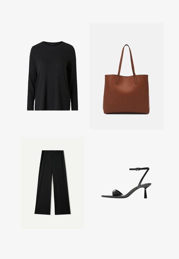 Black long-sleeve shirt made of ribbed fabric. Features a round neckline and relaxed fit. Simple design without additional patterns or accents.; Bershka WIDE - Trousers - black; Bershka High heeled sandals - black; Brown leather tote bag with a smooth texture, open top design, and two shoulder straps. Features minimal stitching and no visible hardware.