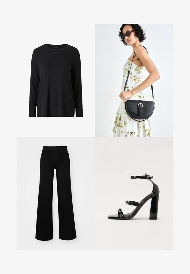 Camisa negra de manga larga hecha de tejido acanalado. Presenta un escote redondo y un corte relajado. Diseño simple sin patrones o acentos adicionales.; Pantalones de mezclilla de pierna ancha y color negro, con una cinturilla estructurada, pasadores para cinturón y bolsillos frontales. Textura suave con un diseño clásico.; Sandalias de tacón de charol negro con punta cuadrada, correas en el tobillo y hebillas plateadas. Presentan un tacón grueso para mayor estabilidad.; Bolso de piel negra con forma curva, correa desmontable y herrajes dorados. El bolso cuenta con una solapa con un detalle de hebilla.