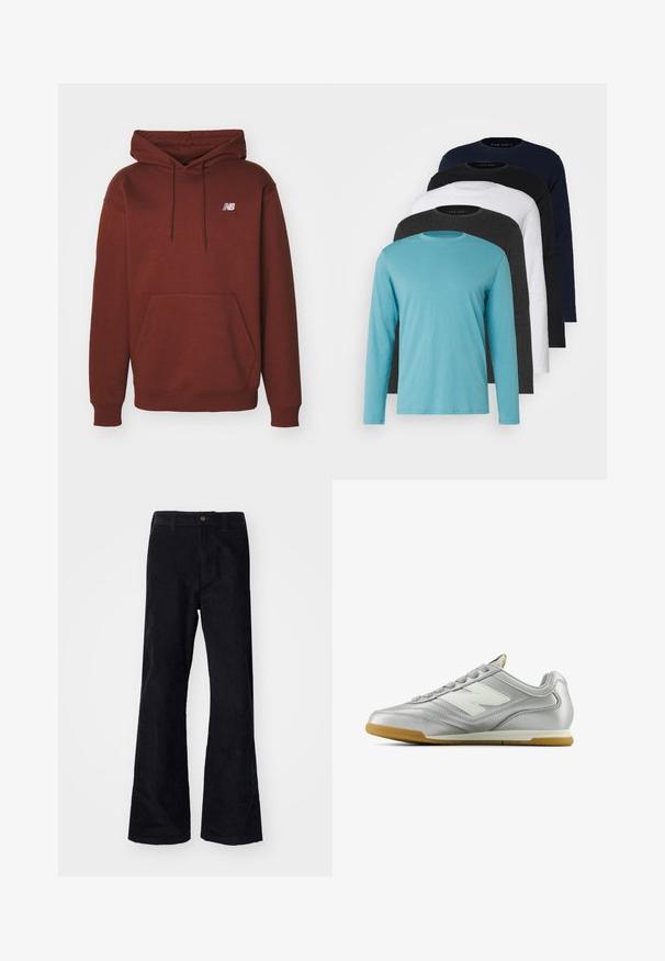 New Balance SPORT ESSENTIALS HOODIE UNISEX - Ikdienas džemperis - rich oak; Pieci garie piedurkņu T-krekli rindā: tirkīza, melna, balta, tumši pelēka un jūras zila. Mīksts audums ar apaļu kakla izgriezumu un standarta piegriezumu.; Melnas kokvilnas flared bikses ar tradicionālo jostasvietu, vienu priekšējo pogu un kabatām sānos un aizmugurē. Raita tekstūra.; Sudraba sporta apavi ar gludu, spīdīgu virsmu, balto logo sānos, teksturētām pelēkajām šņorēm un gumijas zoli.