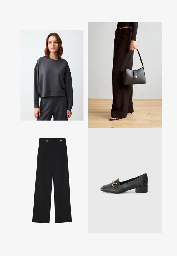 Dark gray sweatshirt with a loose fit, crew neckline, and long sleeves. Made from soft, smooth fabric with a slightly cropped hem.; Black wide-leg trousers with high waist, button details on waistband, and front pleats.; Black leather loafers with a flat heel, featuring a decorative gold hardware detail on the front and a smooth texture.; Black handbag with structured shape, smooth texture, and a metallic clasp. Paired with wide black pants and open-toe sandals on wooden floor.