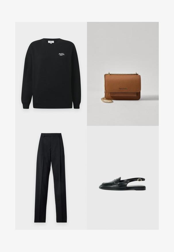 Fekete, hosszú ujjú, kerek nyakú pulóver, kis fehér "maison kitsuné" logóval hímezve a bal mellen.; Fekete nadrág sima anyagból, magas derékkal, széles lábakkal, elülső redőkkel és klasszikus övhurkokkal. Oldalzsebek nem láthatók.; Fekete bőr szandál cipő, lekerekített orral, lapos talppal, oldalsó kivágással és aranyszínű díszítéssel ellátott pánttal.; Barna textúrájú bőr keresztbody táska arany lánc pánttal és fedélzárral. Az elején logó részlet és egy zseb található a fedél alatt.