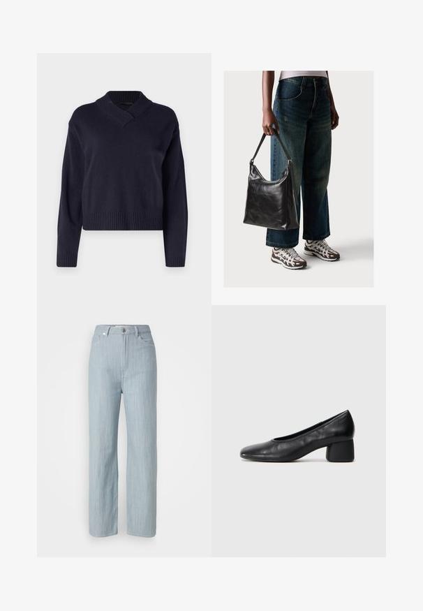 Marineblauer Strickpullover mit V-Ausschnitt, langen Ärmeln und gerippten Bündchen und Saum. Weicher Stoff und entspannter Schnitt.; Helle blaue gerade geschnittene Jeans aus Denim. Verfügt über fünf Taschen, einen Metallknopfverschluss und dezente Waschungen für zusätzliche Textur.; Schwarze Lederpumps mit runder Zehenpartie und mittelhohem Blockabsatz. Glatte Textur mit minimalen Details, ausgestattet mit einem dezenten elastischen Einstieg.; Schwarze Leder-Schultertasche mit glatter Textur und verstellbarem Riemen, kombiniert mit ausgewaschenen weit geschnittenen Jeans und sportlichen Sneakern.