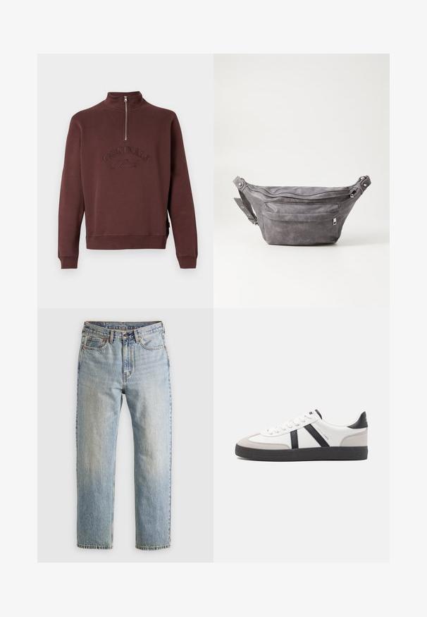 Felpa bordeaux con colletto alto e mezzo zip, caratterizzata da testo in rilievo "ORIGINALS Studio" sul davanti e polsini a coste.; Jeans in denim azzurro chiaro con vita alta, bottone anteriore, cerniera e design a cinque tasche, adagiati su uno sfondo neutro.; Sneaker bianco con accenti neri e grigi, dotata di una punta grigia testurizzata, suola in gomma nera e lacci bianchi piatti. Design pulito, stile minimalista.; Fanny pack in suede grigio con forma arrotondata, due scomparti con cerniera e tracolla regolabile. Presenta dettagli in metallo.