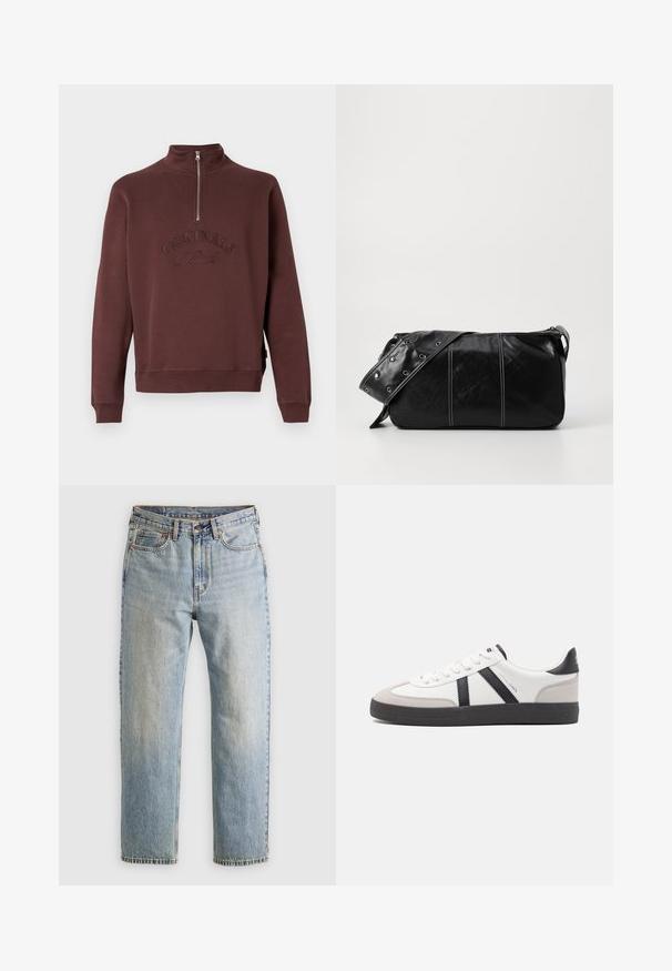 Burgundy sweatshirt with a high collar and half-zip, featuring embossed "ORIGINALS Studio" text on the front and ribbed cuffs.; Light blue denim jeans with high waist, front button, zipper, and five-pocket design, laid flat on a neutral background.; White sneaker with black and gray accents, featuring a textured gray toe cap, black rubber sole, and flat white laces. Clean design, minimalist style.; Black leather shoulder bag with a zip closure, featuring a textured body, white stitching, and a strap with silver grommets.