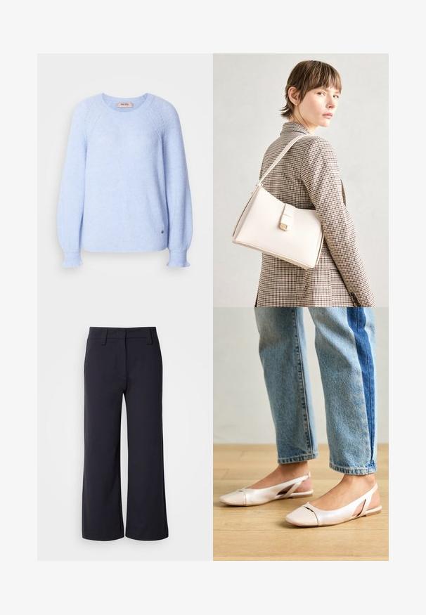 Suéter de malha azul claro com textura canelada, gola redonda e punhos ligeiramente alargados. Apresenta um pequeno logótipo na parte inferior.; Calças largas de tecido azul marinho escuro. Apresentam uma frente lisa, passantes para cinto e bolsos laterais. O material é suave com um ligeiro alongamento.; Sapatilhas slingback de cor rosa pálido com bico fino, feitas de um material semelhante a couro liso. Apresentam detalhes recortados nas laterais e um salto plano.; Bolsa de mão em couro branco com um design estruturado, apresentando um fecho magnético e uma alça de ombro, exibida sobre um fundo neutro.