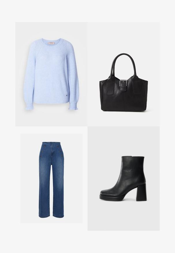 svetlo modra pletena majica z rebrasto teksturo, okroglim izrezom in rahlo razširjenimi rokavi. Ima majhen logotip na spodnji strani.; Hlače iz jeansa z visokim pasom v srednje modri barvi. Imajo okrasne gumbe spredaj in širok kroj. Tkanina ima gladko teksturo z rahlim zbledelostjo.; Črne usnjene gležnjarje z blok peto in platformo, prikazane s strani na enobarvni beli podlagi.; Črna usnjena torba s gladko teksturo, strukturirano obliko, dvema ročkama in izrazitim srebrnim sponko na sprednji strani.