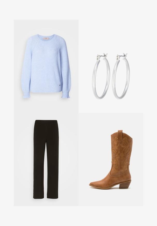 Šviesiai mėlynas megztinis su raštuotu paviršiumi, apvaliu iškirpimu ir šiek tiek išsiplėtusiais rankogaliais. Yra mažas logotipo akcentas apatinėje dalyje.; Juodi tiesūs kelnės, pagamintos iš audinio, turinčios lygų priekį, dvi šonines kišenes ir glotnų paviršių. Nėra matomų raštų ar akcentų.; Ruda odinė kantri batai su smailiu būtų pirštu, siuvinėtais spiralės raštais ant viršaus ir su kamščiu blokuotu kulnu. Yra tamprių užtraukių, kad būtų lengviau užsidėti.; Sidabriniai auskarai su sklandžiu, poliruotu paviršiumi. Apvalios formos ir saugus uždarymo mechanizmas. Lengvas dizainas, tinkantis kasdieniam dėvėjimui.