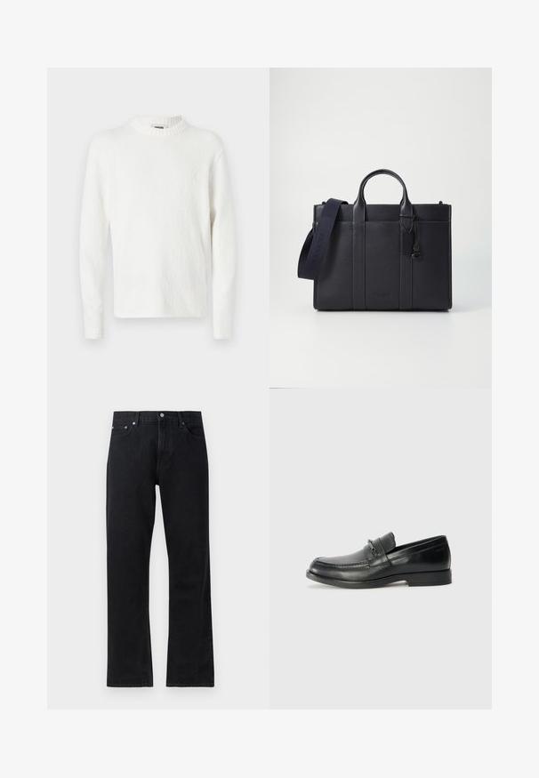 Bela dolga majica s kratkimi rokavi z mehkim, teksturiranim površjem in rebrastim okroglim ovratnikom. Preprost dizajn, brez vidnih vzorcev ali poudarkov.; Črni traper hlače s ravnim krojem, z gumbom za zapiranje, petimi žepi in subtilnimi šivi.; Črne usnjene loafers čevlje z zaobljenim nosom, ki imajo šivano zasnovo, majhen sprednji trak z kovinskim okrasjem in ravno gumijasto podplati.; Temno mornarsko usnjeno aktovko z dvema zgoraj ročaji in odstranljivim trakom. Ima teksturirano površino, navpične šive in podrobnost z logotipom.