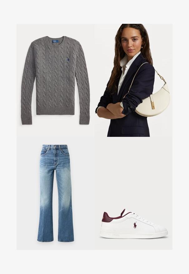 Pulover gri, tricotat cu modele în relief, cu guler rotund, tiv striat și mâneci lungi. Are un mic logo albastru polo pe piept.; Cămașă din denim, de culoare albastru închis, cu mâneci lungi, guler clasic și un mic logo brodat pe piept. Prezintă nasturi din metal.; Jeanși de culoare albastru deschis, cu talie înaltă, având un croi lejer, textură decolorată, cinci buzunare și închidere cu buton metalic.; Adidași din piele albă cu accente burgundii, vârf rotund, logo embosat și șireturi plate. Talpă texturată și detalii cu finisaj neted.; Geantă din piele albă cu o formă curbată, dotată cu accente aurii și o finisare texturată, purtată peste un sacou închis la culoare și o cămașă albă.