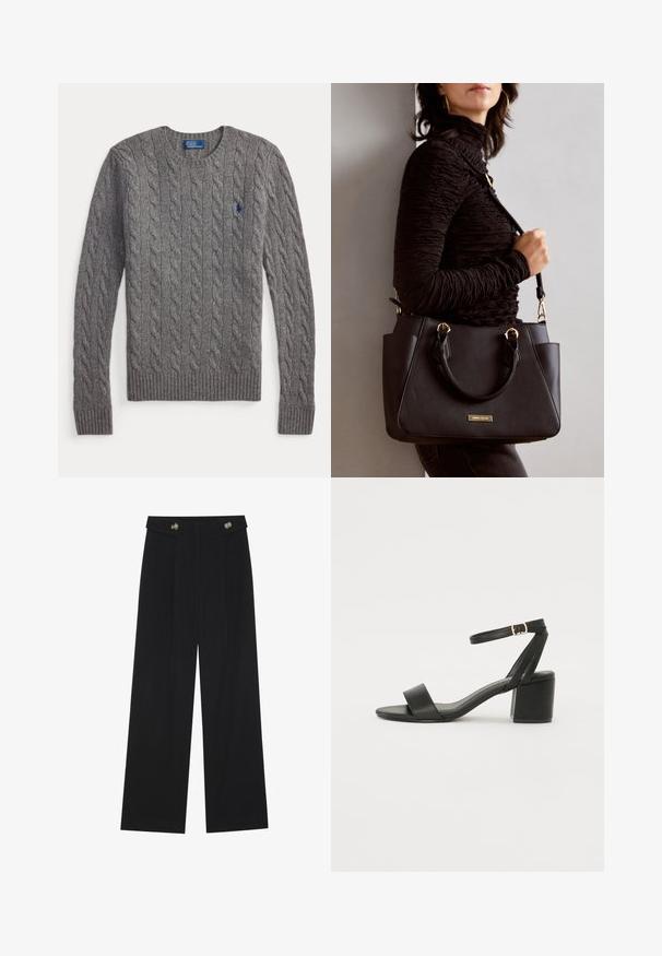 Grå kabelstrikket genser med rund hals, ribbestrikket kant og lange ermer. Har en liten blå polo-logo på brystet.; Svart vide bukser med høy midje, knappdetaljer på midjebåndet og frontplisser.; Sorte hælede sandaler med en glat læderoverdel, åben tå, brede frontstropper og justerbar ankelstrop med en gold spænde detalje.; Svart håndveske med teksturert overflate, doble topphåndtak og justerbar skulderrem. Har detaljer i gulltone og sidelommer.